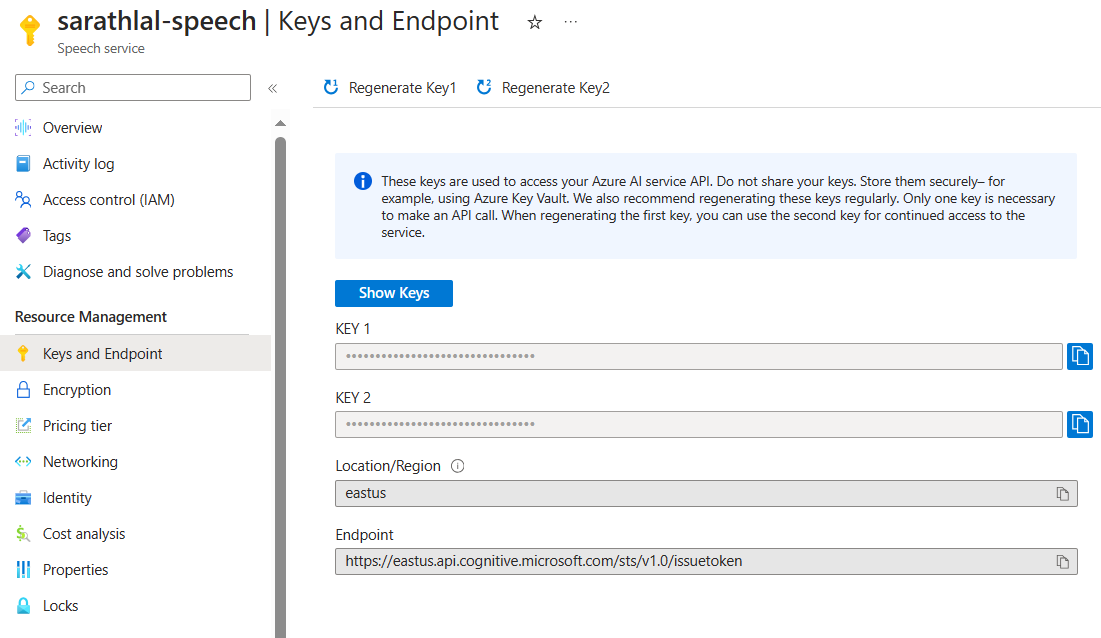 Keys and Endpoints